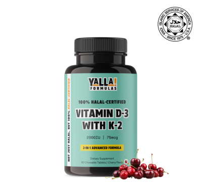Bottle of Yalla Formulas Vitamin D-3 with K-2, cherries at the base.