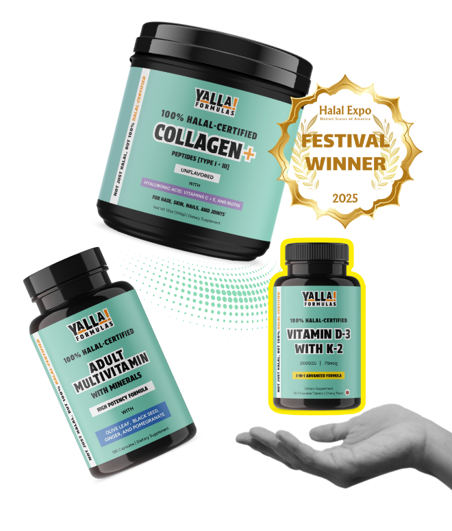 Three supplement bottles with a 'Festival Winner 2025' badge and an open hand.