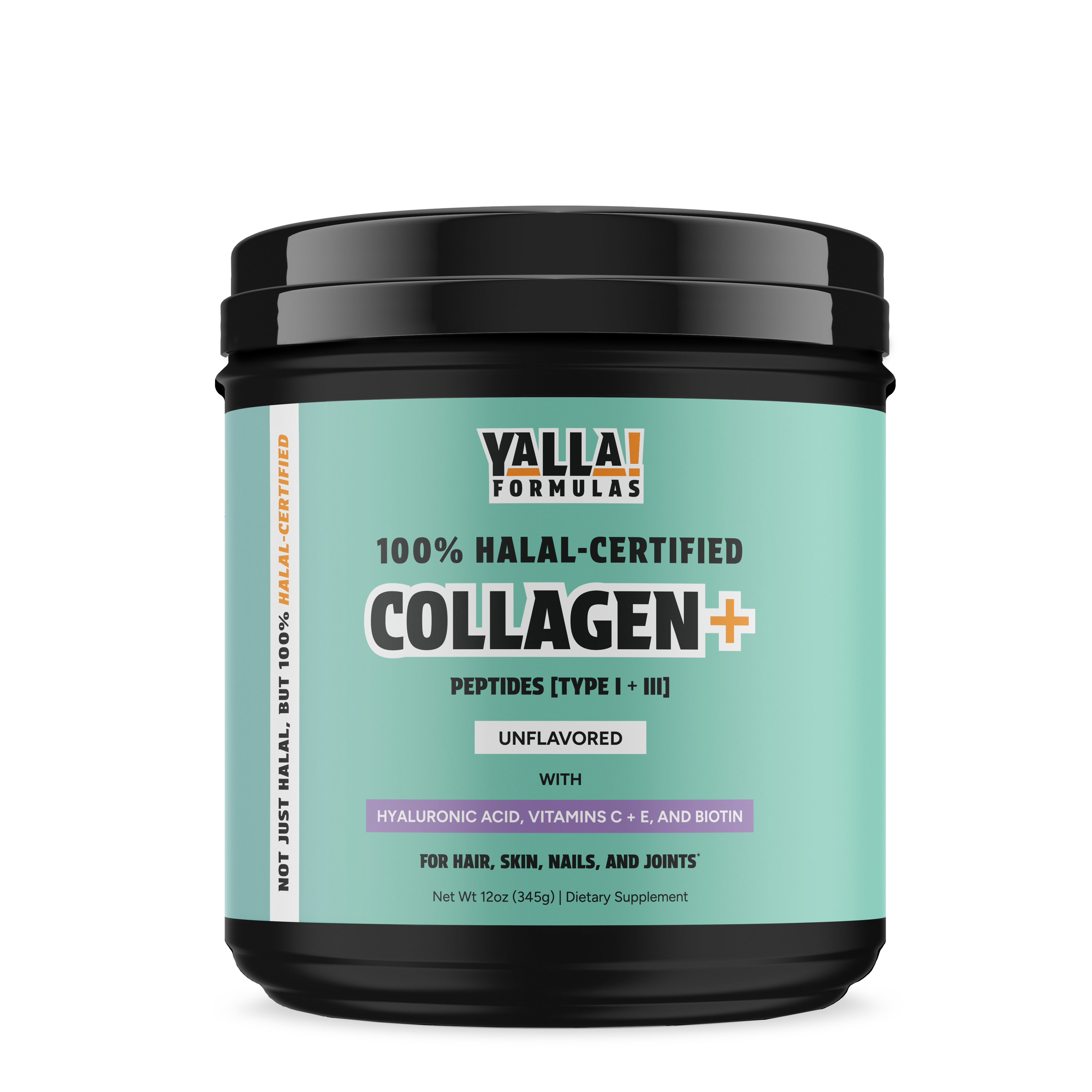 A jar of halal-certified collagen supplement with vitamins and biotin.