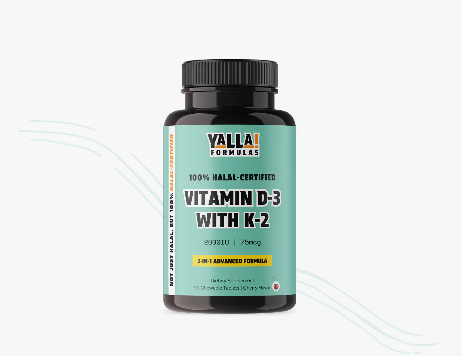 Black bottle of Vitamin D-3 with K-2 supplement on white background.