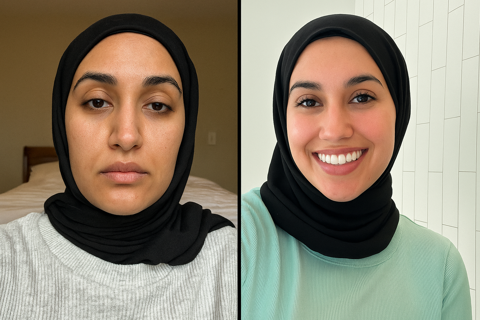 Two side-by-side portraits of the same person wearing a black headscarf.
