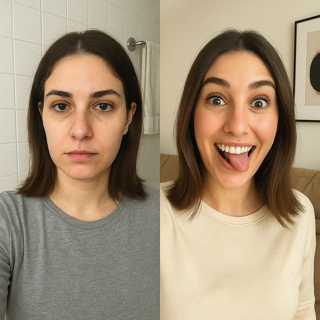 Side-by-side images of a woman, neutral and smiling expressions.