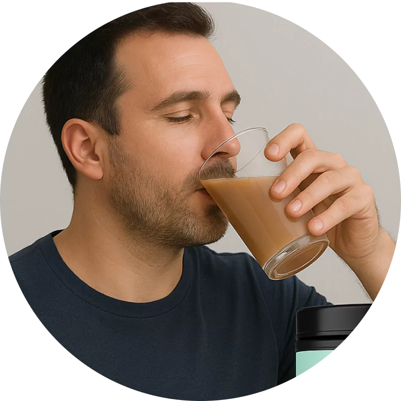Man drinking a brown beverage from a glass.