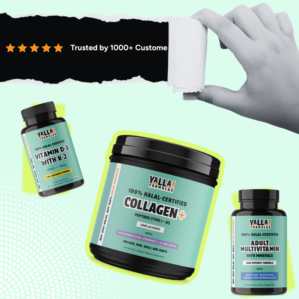 Three supplement bottles with a hand holding torn paper, text about customer trust.