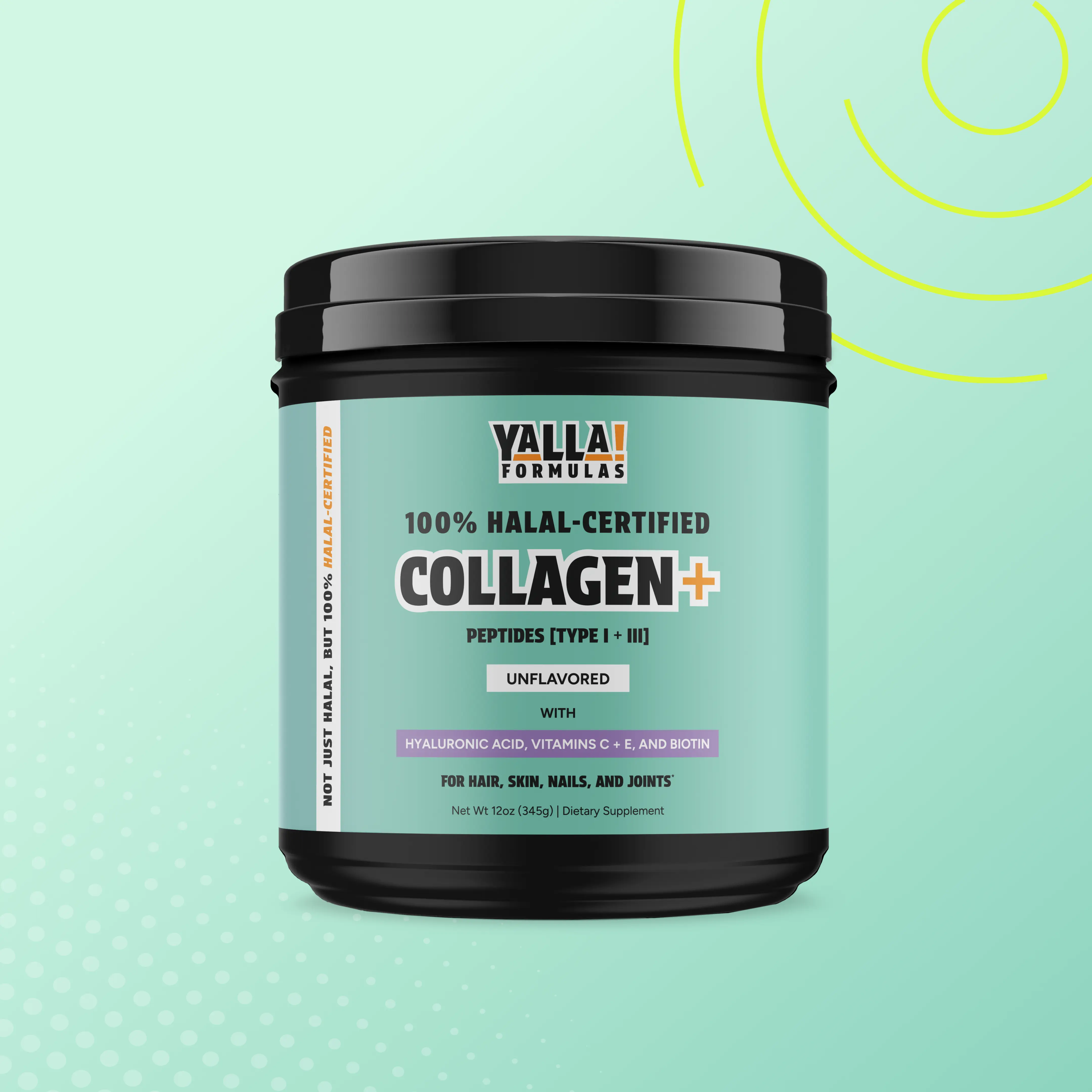 Collagen supplement container with halal certification on a green background.
