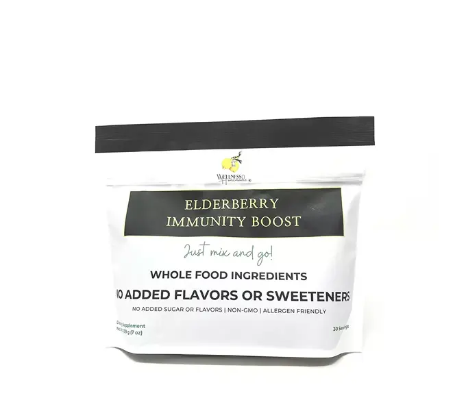 White pouch labeled 'Elderberry Immunity Boost' with health claims and ingredients.