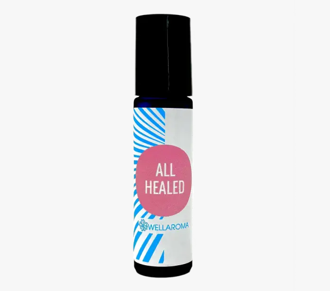 A roll-on bottle labeled 'All Healed' with blue and pink design.