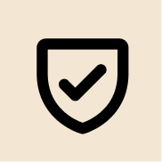 Black shield icon with a check mark on a beige background.