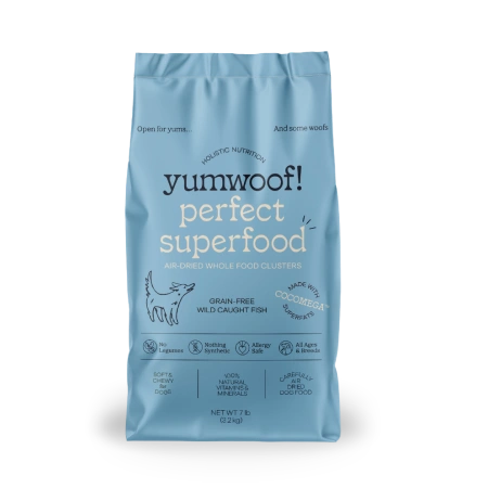 A light blue bag of Yumwoof! Perfect Superfood grain-free dog food with wild caught fish.