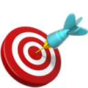 A dart hitting the center of a red and white target.