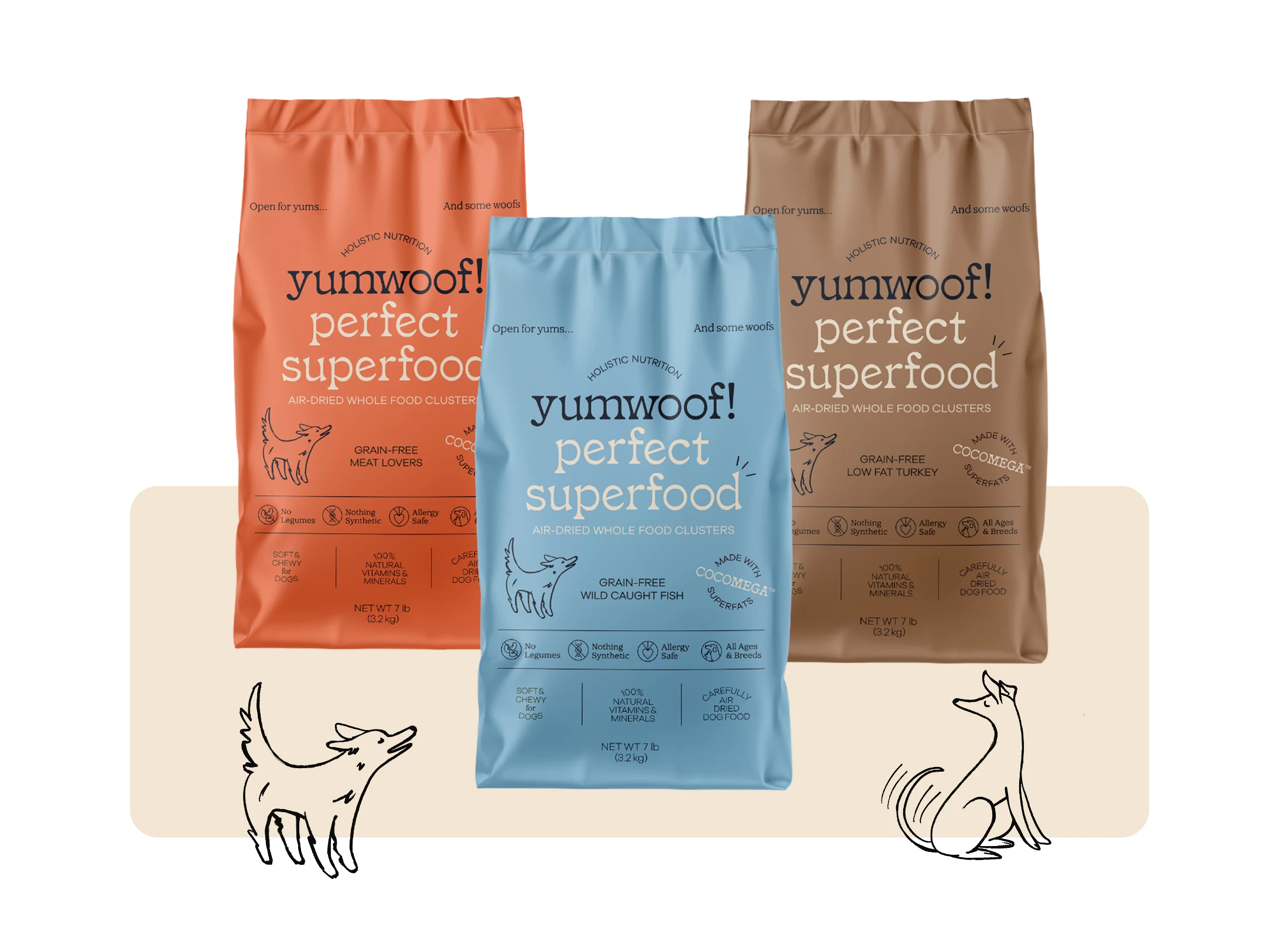 Three colorful bags of Yumwoof dog food with illustrative dog sketches.