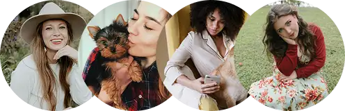 Four women, each in different settings, with one holding a small dog.