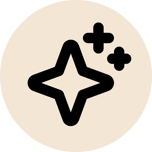 A black icon of a sparkling four-pointed star inside a cream-colored circle.