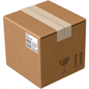 Brown cardboard box with tape and handling symbols.
