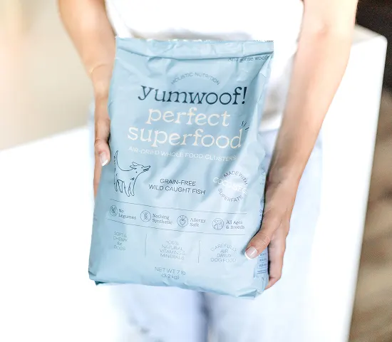 Person holding a blue bag of 'yumwoof! perfect superfood' dog food.