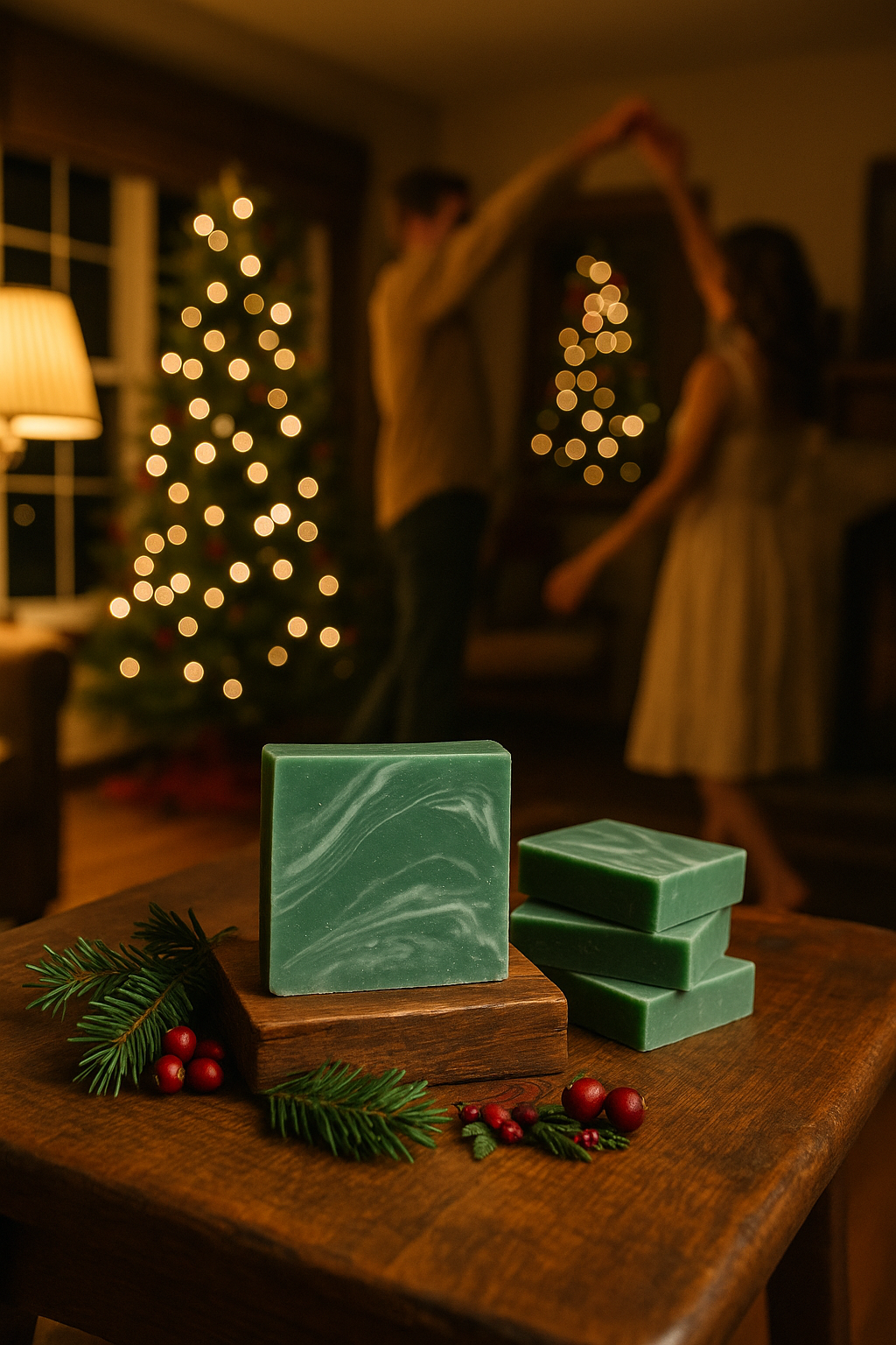 Green soap bars on a wooden table with Christmas decorations and a blurred festive background.