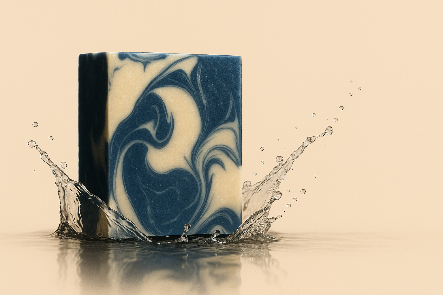 Blue and white swirl-patterned bar with water splashing around it.