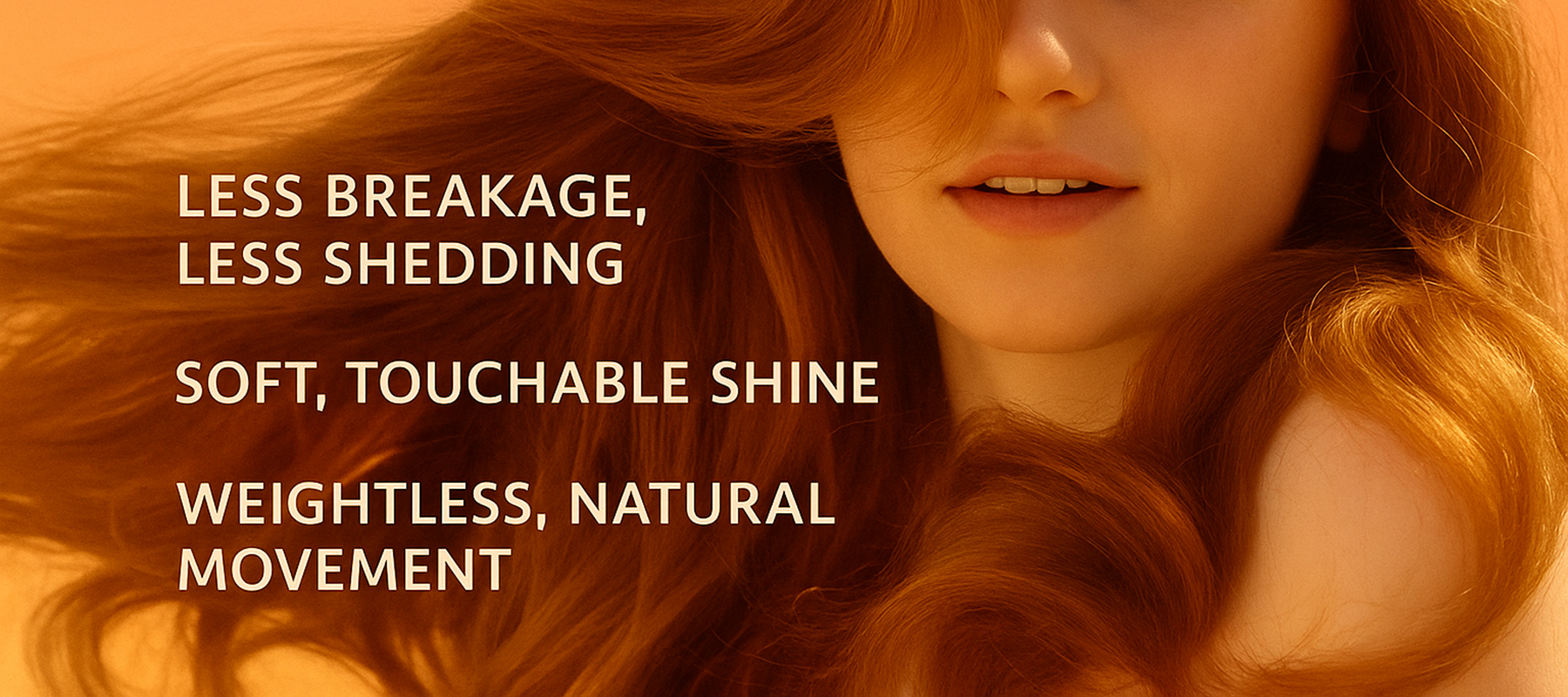 Close-up of a woman with flowing red hair and text about hair qualities.