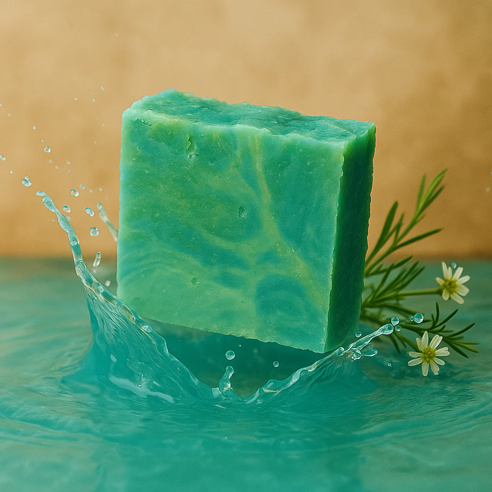 Green soap bar splashing in water with flowers.