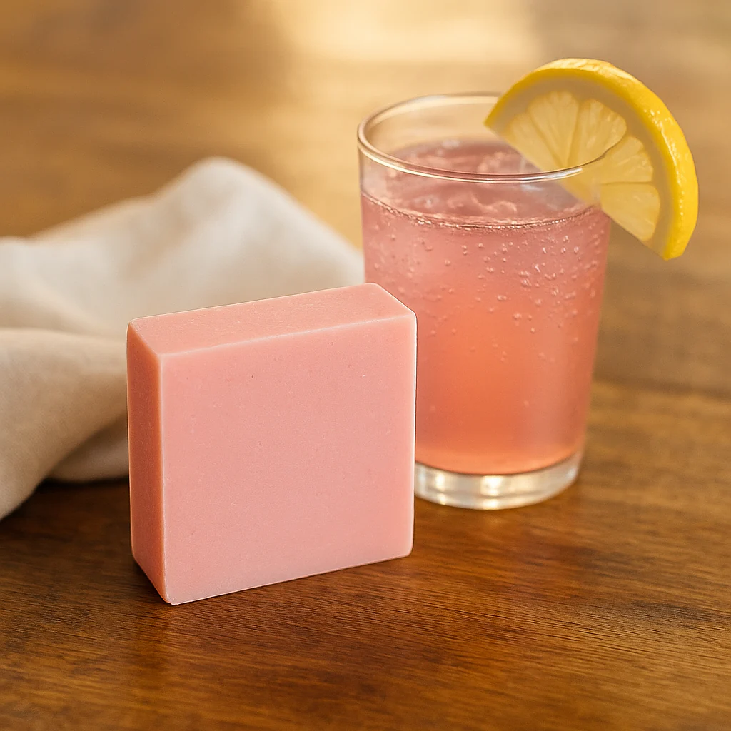 Pink soap and a pink drink with lemon slice on a wooden table.