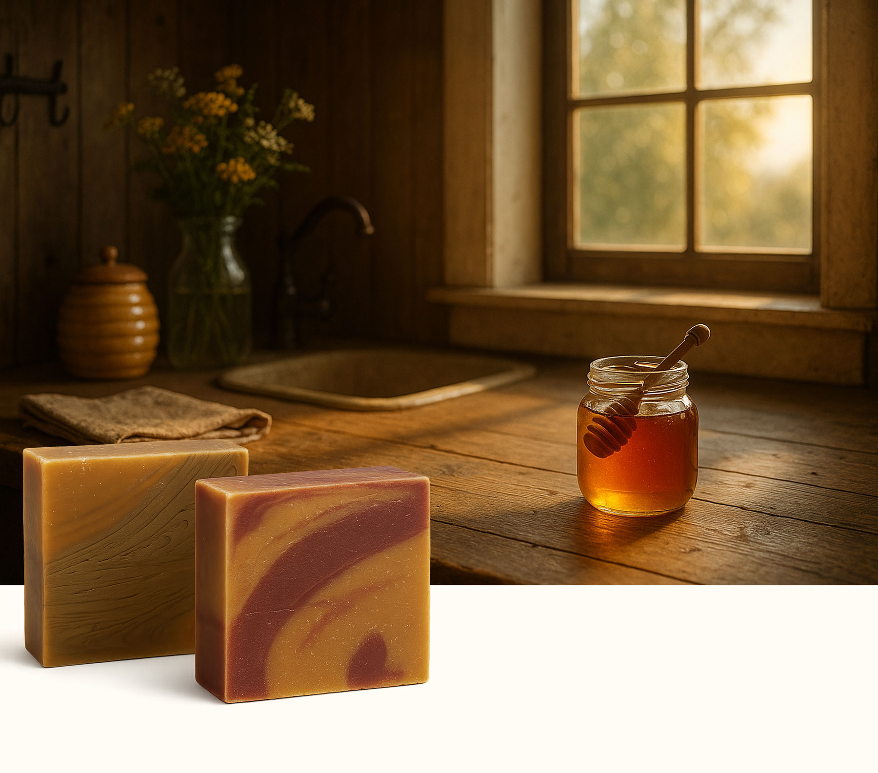 Rustic kitchen scene with honey jar and soap bars on a wooden counter.