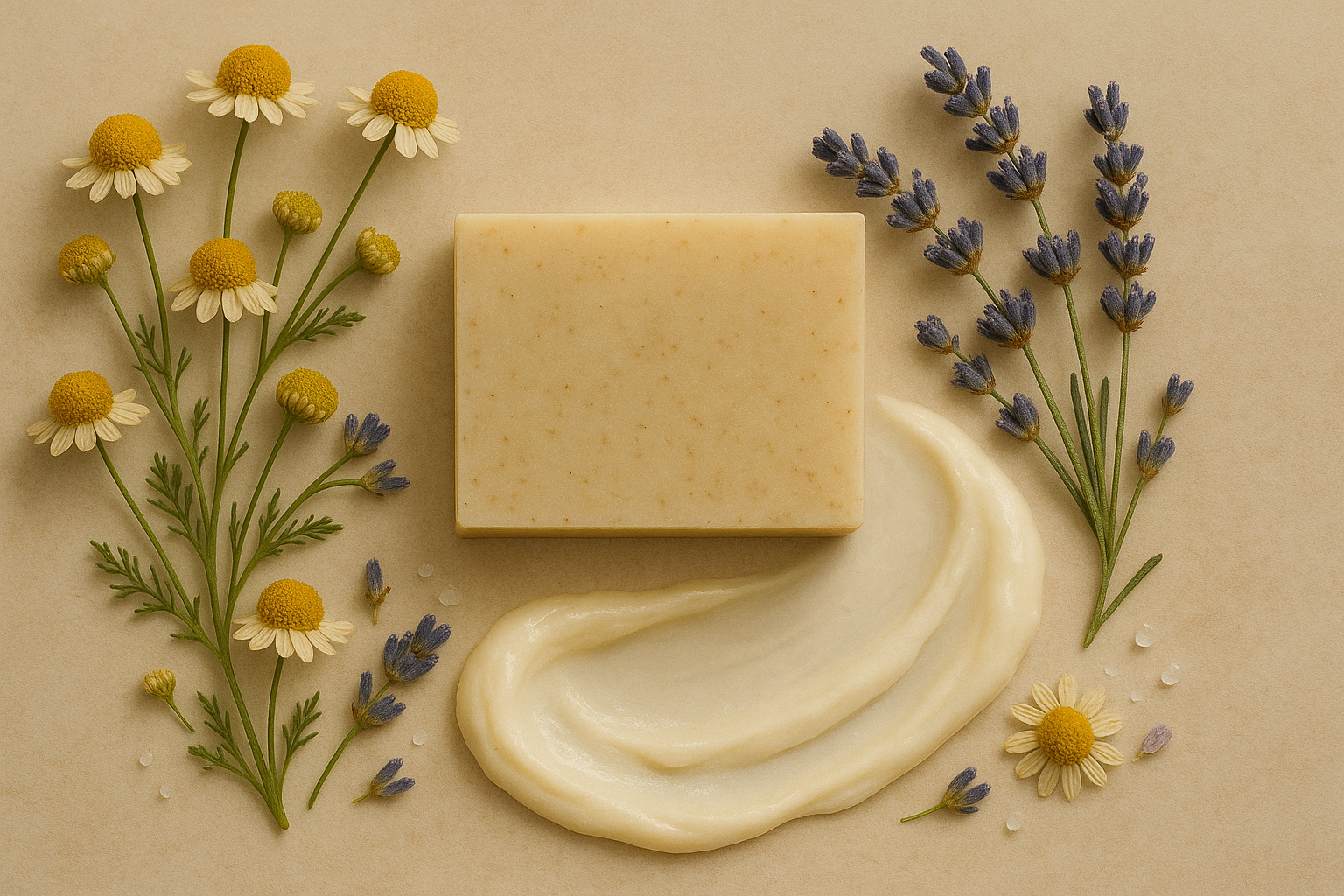 A bar of soap with chamomile and lavender flowers on a beige background.