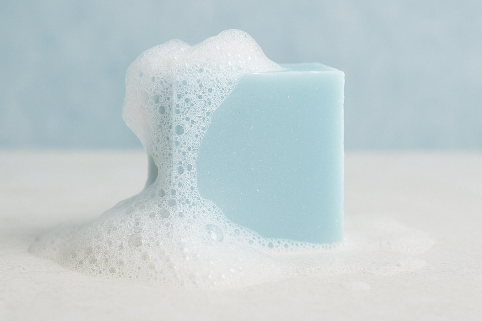 A blue bar of soap covered in white foam.