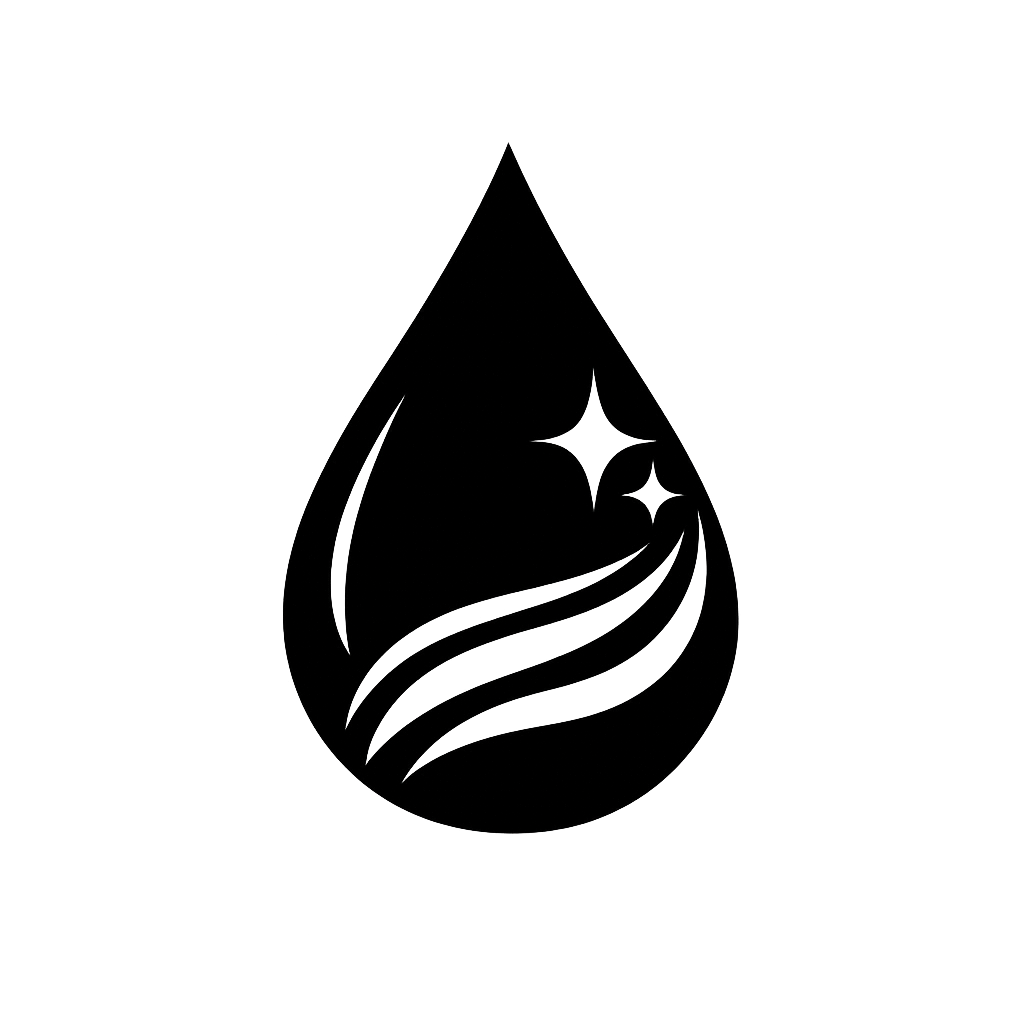 Black droplet symbol with stars and curved lines on a dark background.