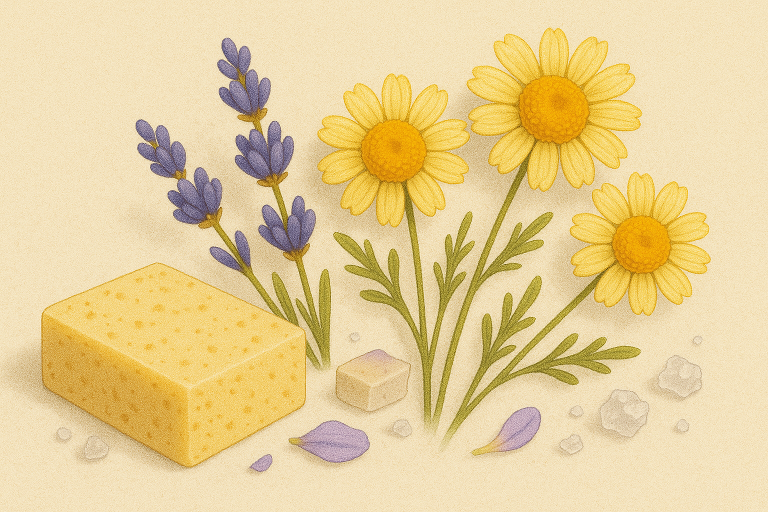 Illustration of lavender, yellow daisies, and a bar of soap on a beige background.