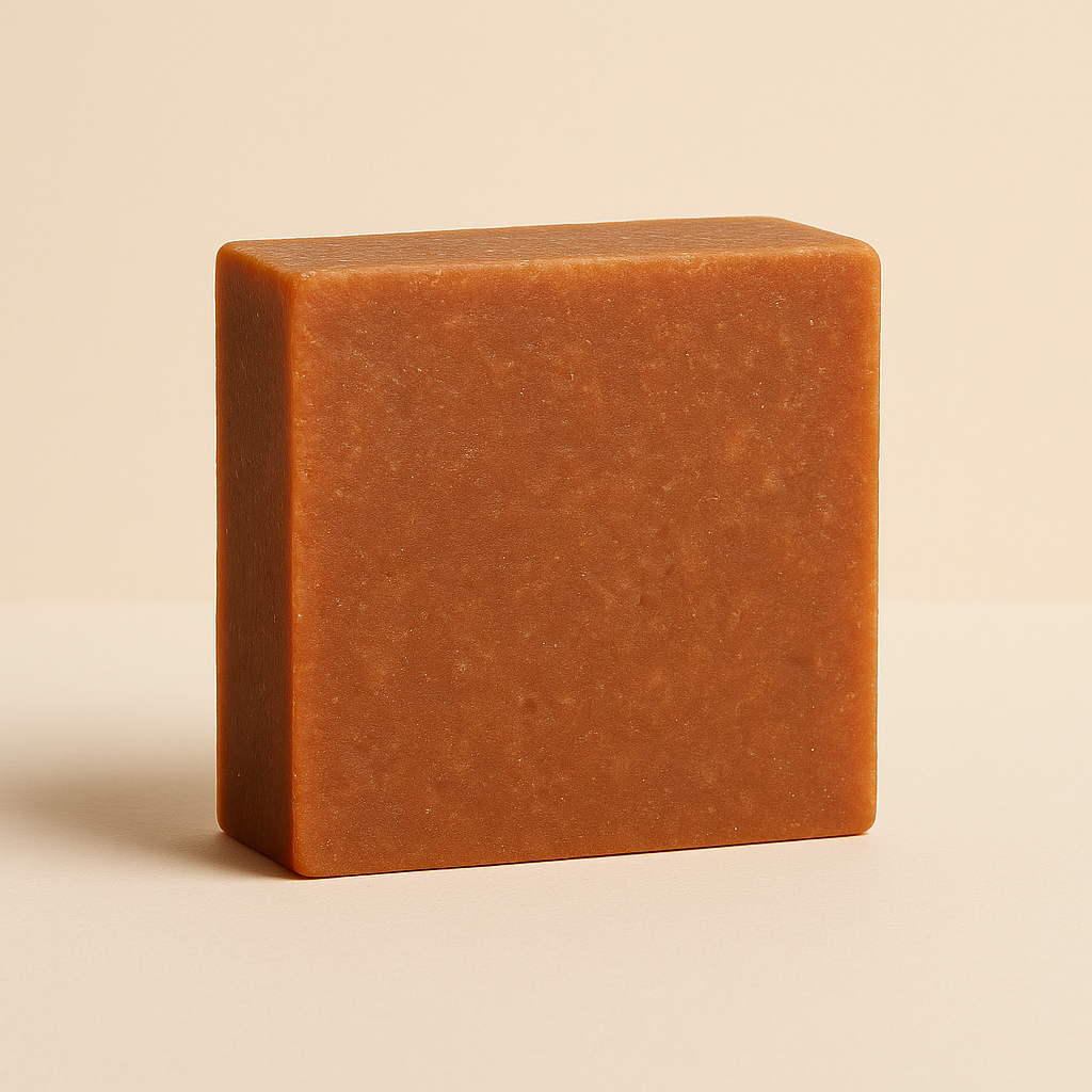 Brown rectangular block on a beige background.