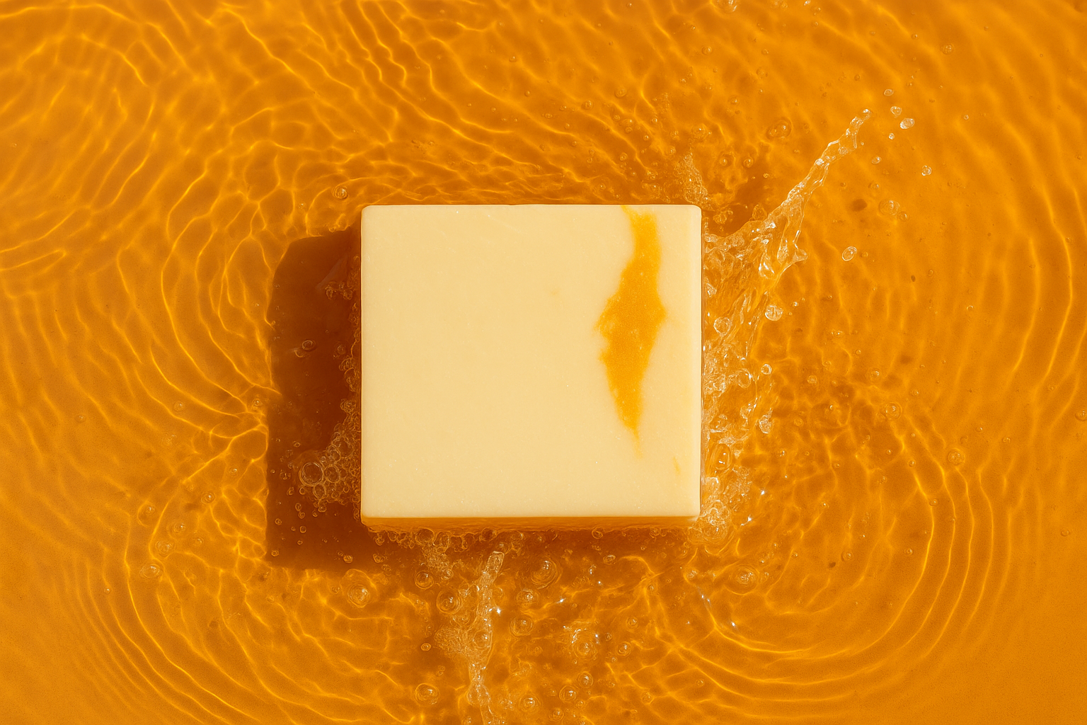 A square soap bar with orange swirls in water.