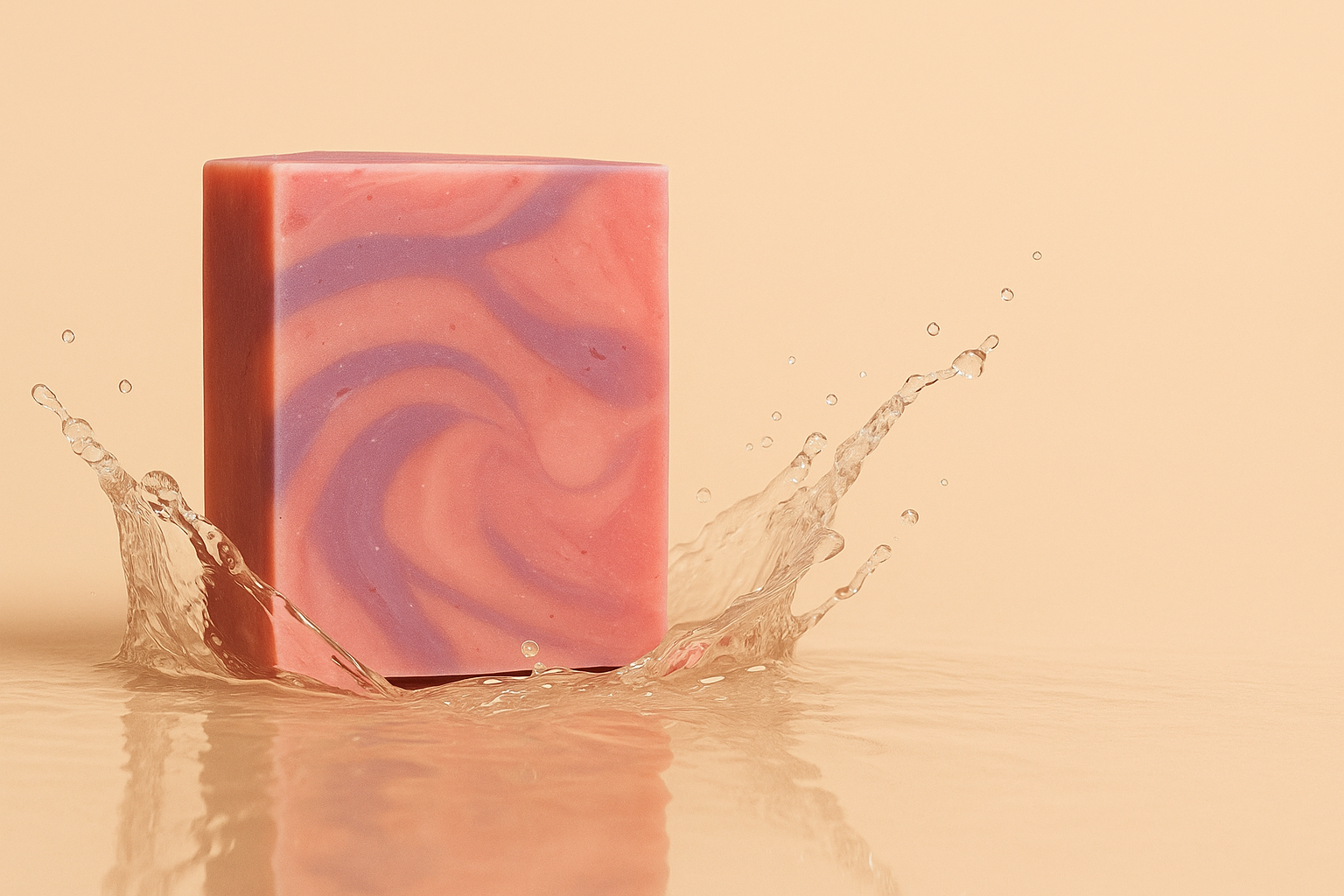 Pink and purple soap block splashing in water.