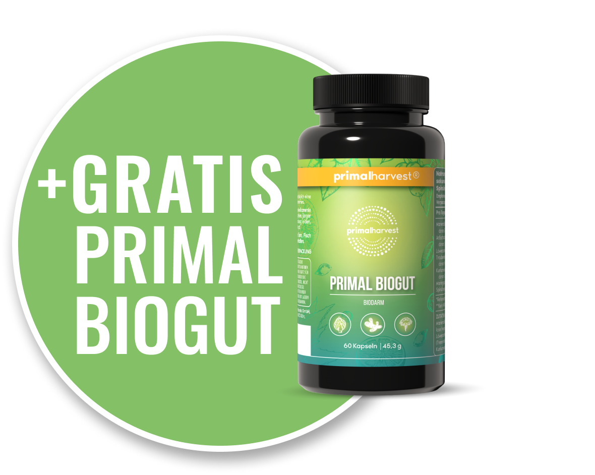 Primal Biogut bottle next to green circle with '+Gratis Primal Biogut' text.