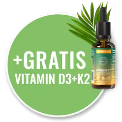 Green circle with '+GRATIS VITAMIN D3+K2' and a bottle image.