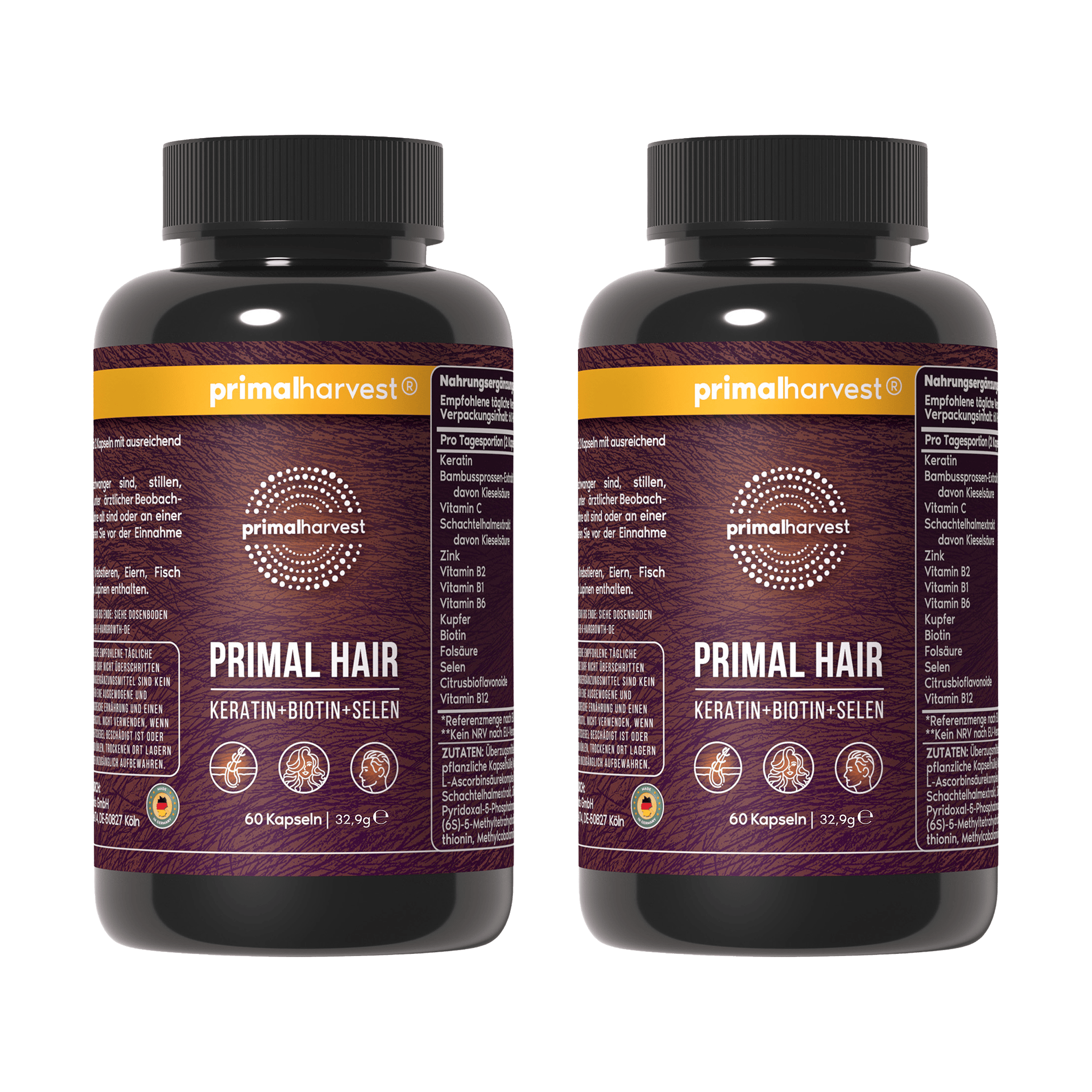 Two bottles of Primal Harvest Primal Hair supplement with keratin, biotin, and selenium against a white background.