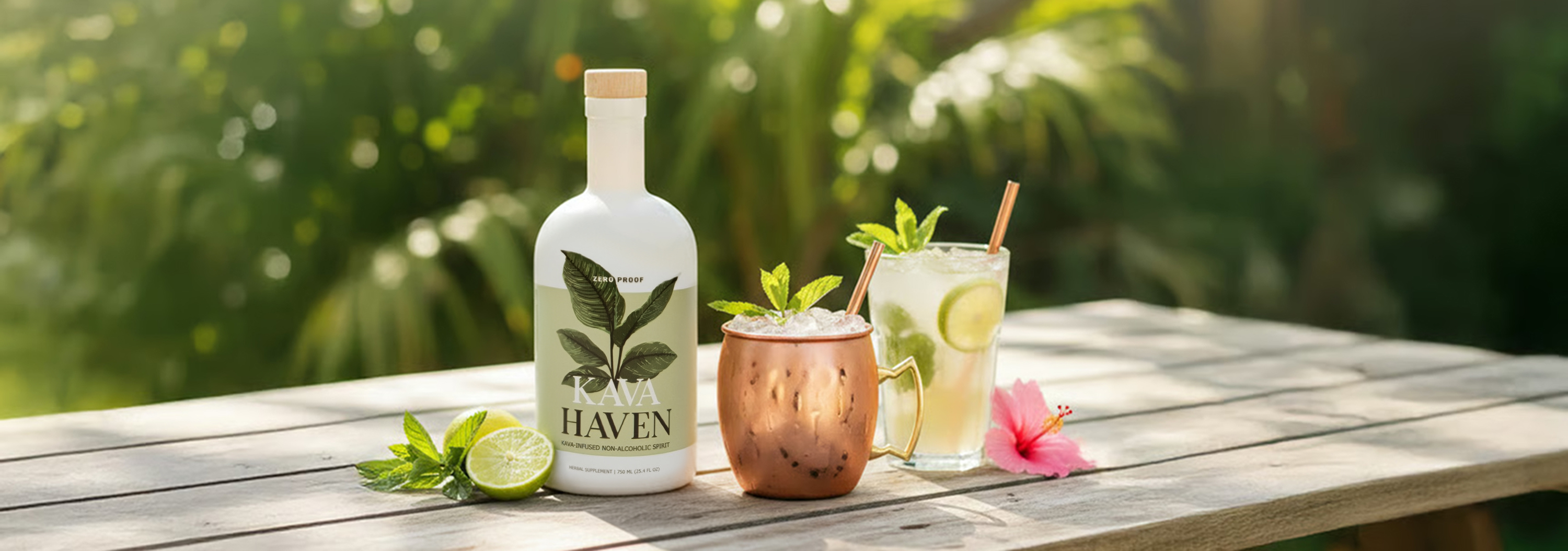 A bottle of Kava Haven non-alcoholic spirit on an outdoor table with two cocktails, lime, and mint.