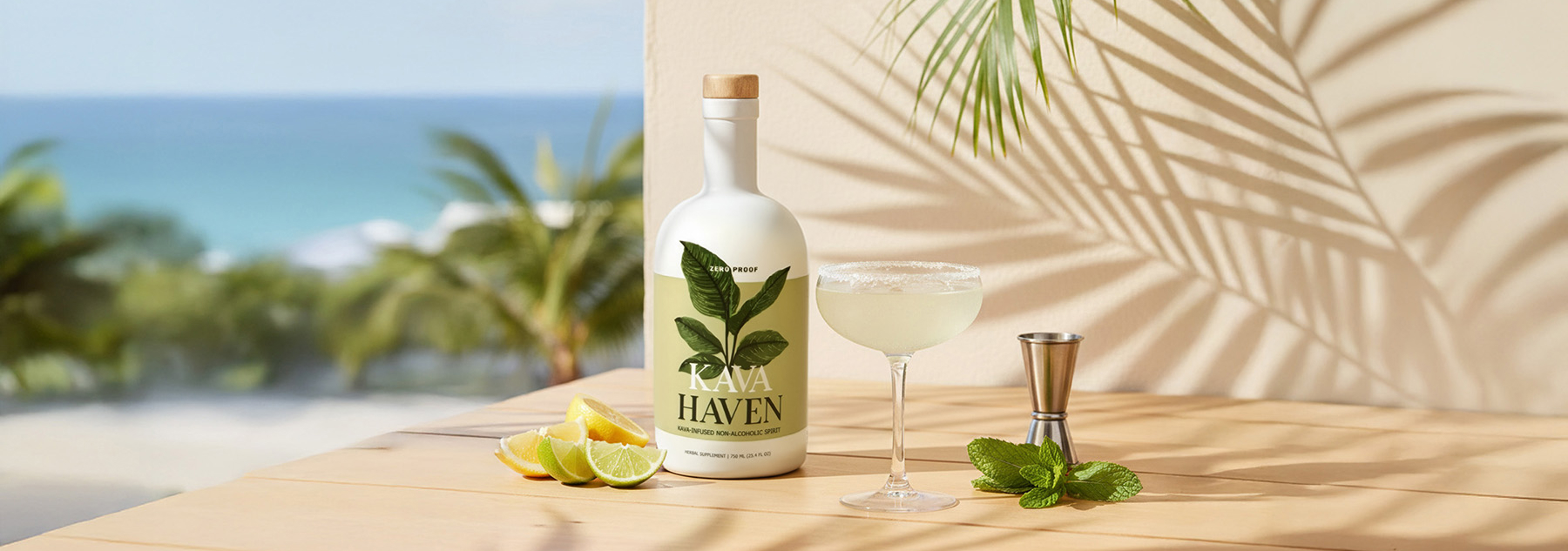 A bottle of Kava Haven and a cocktail on a wooden table with a beach in the background.