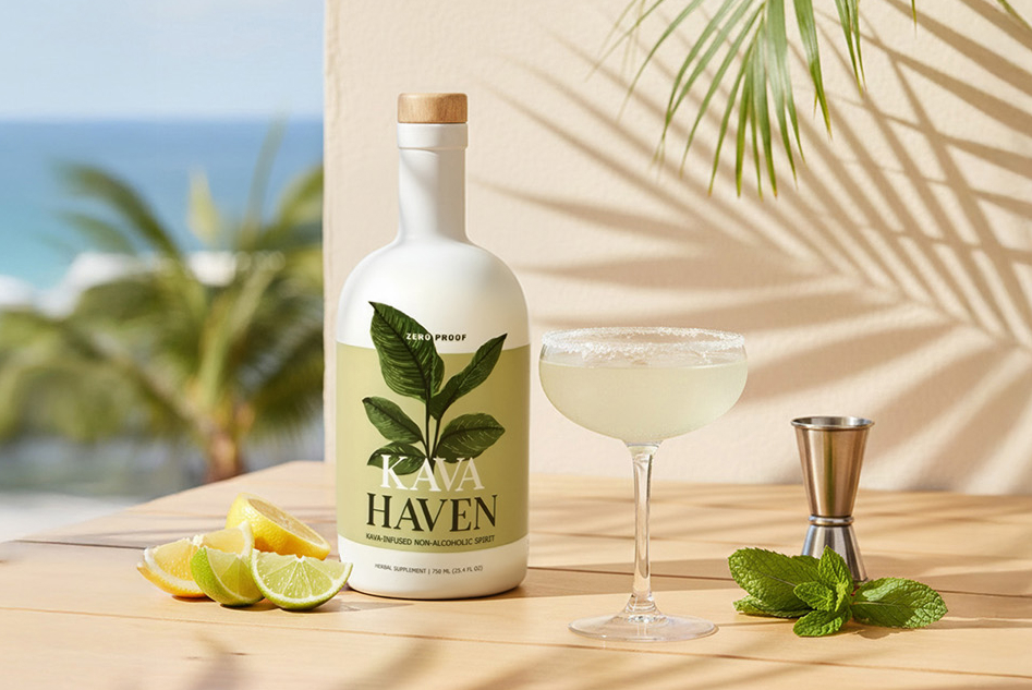 A bottle of Kava Haven non-alcoholic spirit next to a cocktail and garnishes on a tropical patio.