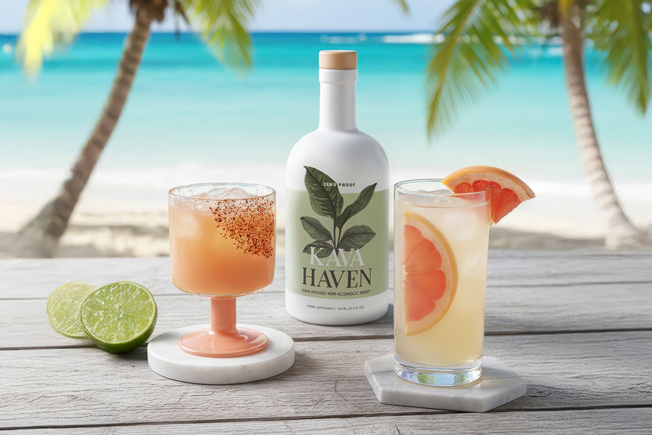 A bottle of Kava Haven non-alcoholic spirit and two cocktails on a wooden table before a tropical beach.