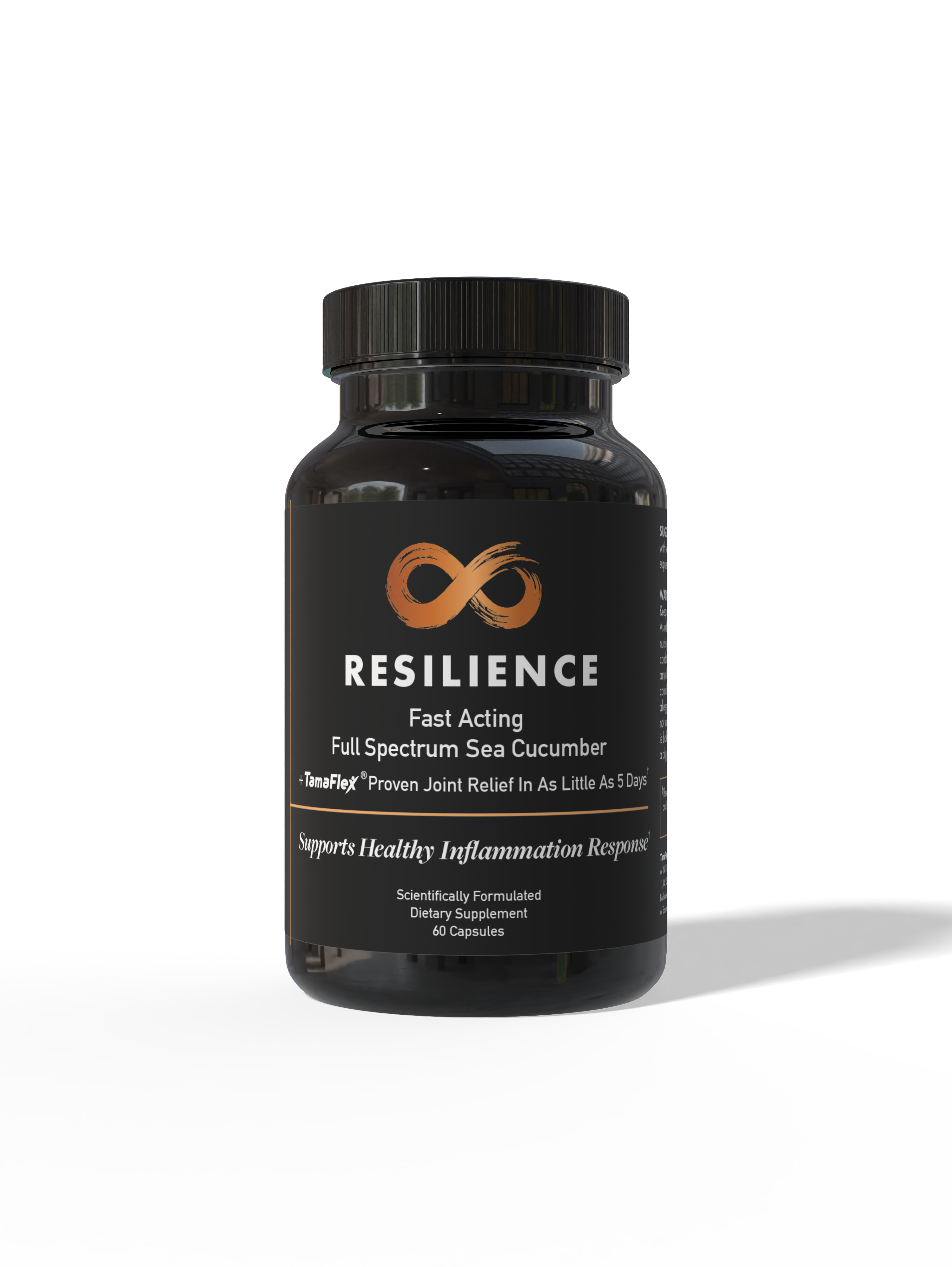 Black bottle labeled 'Resilience' dietary supplement with 60 capsules.