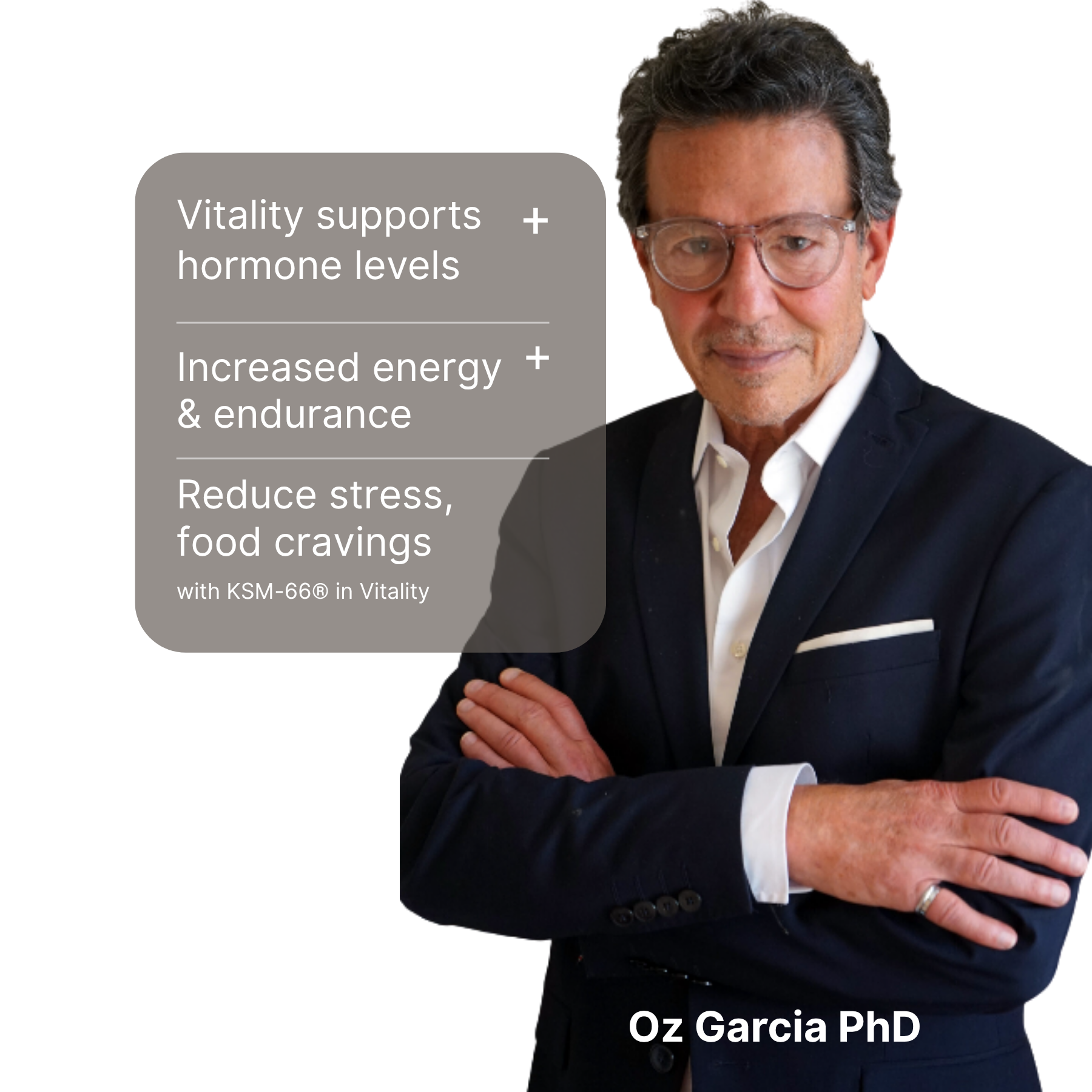 Man in suit with text about vitality benefits on the side.