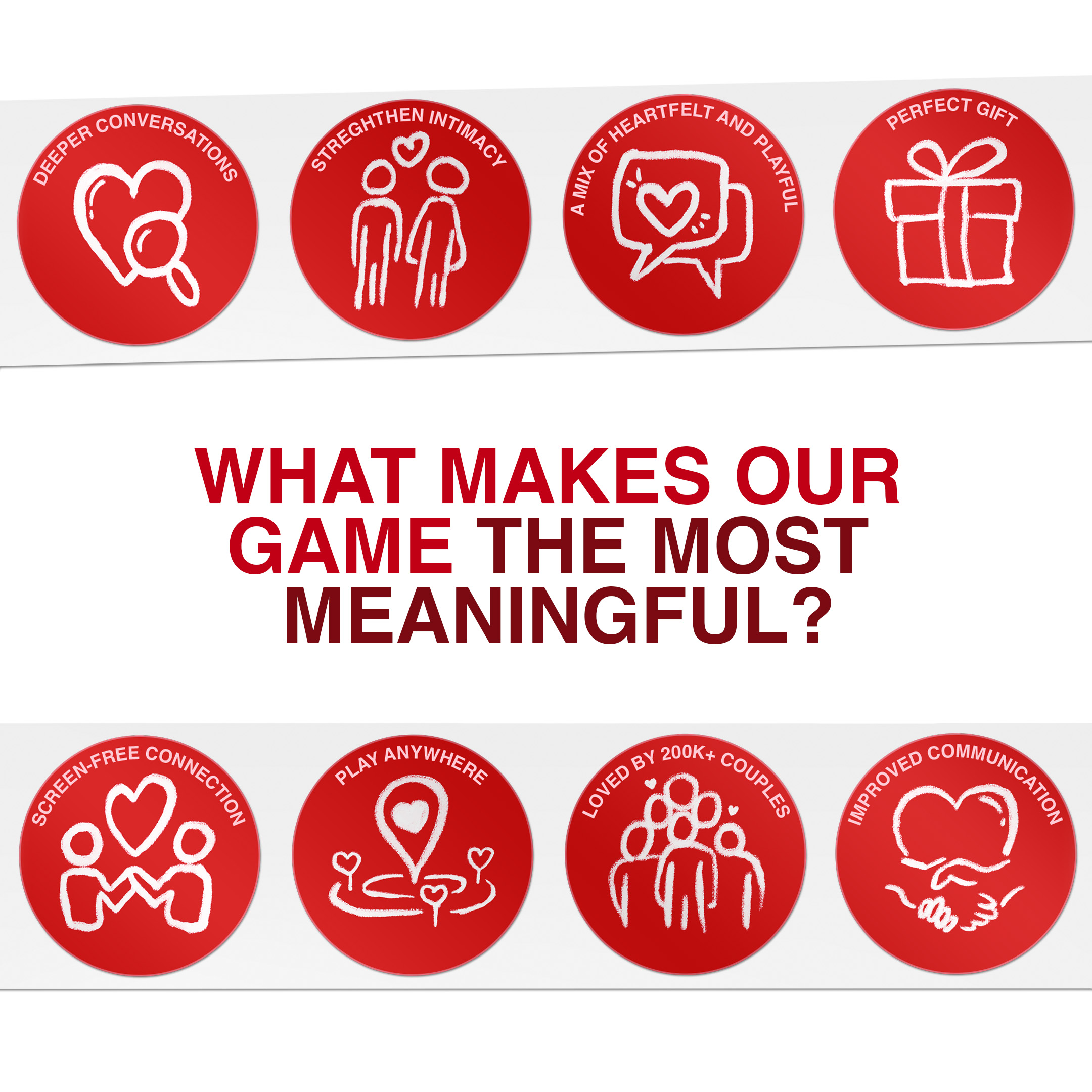 Infographic with red circular icons highlighting the benefits of a game, with text in the middle.