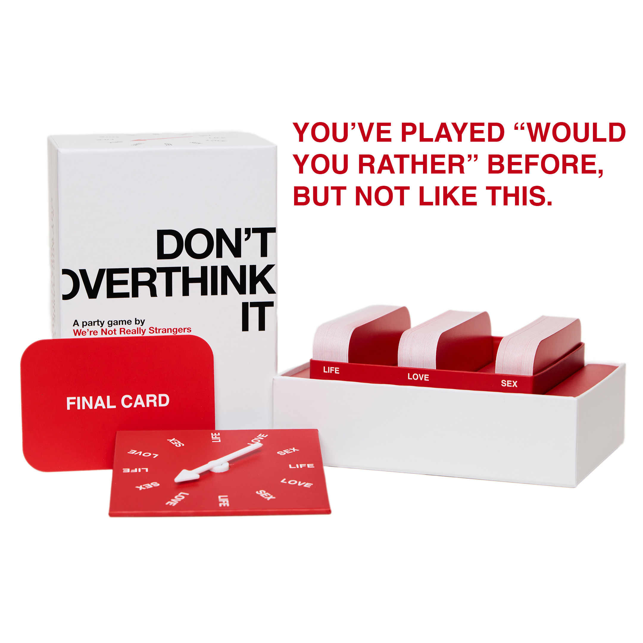 The party game 'Don't Overthink It' with its box, cards, and spinner displayed on a white background.