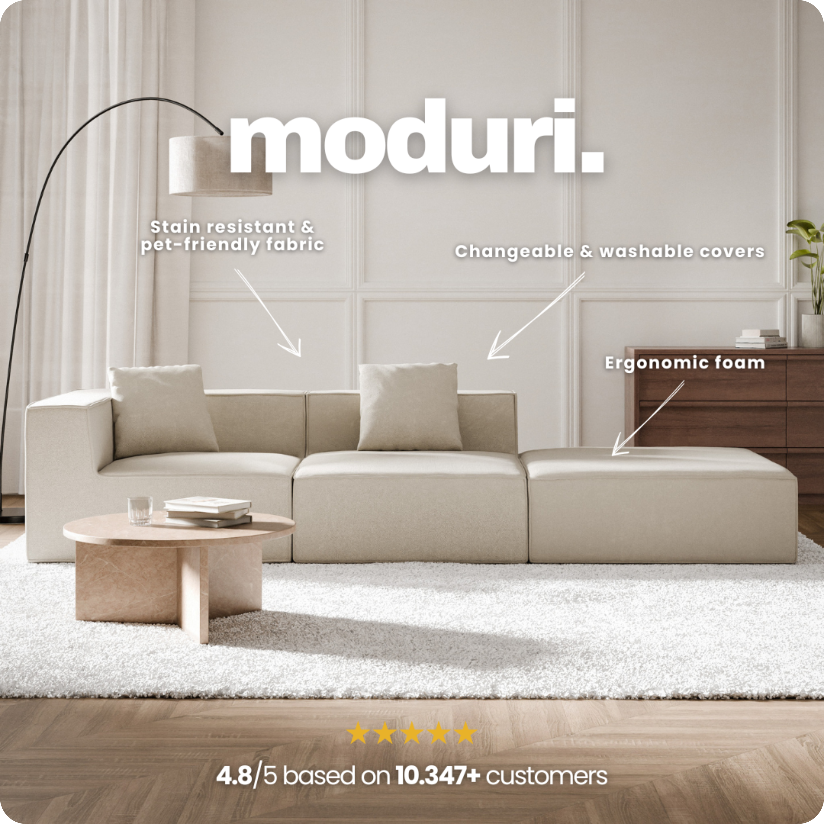 Modern beige sofa with labeled features in a stylish living room.