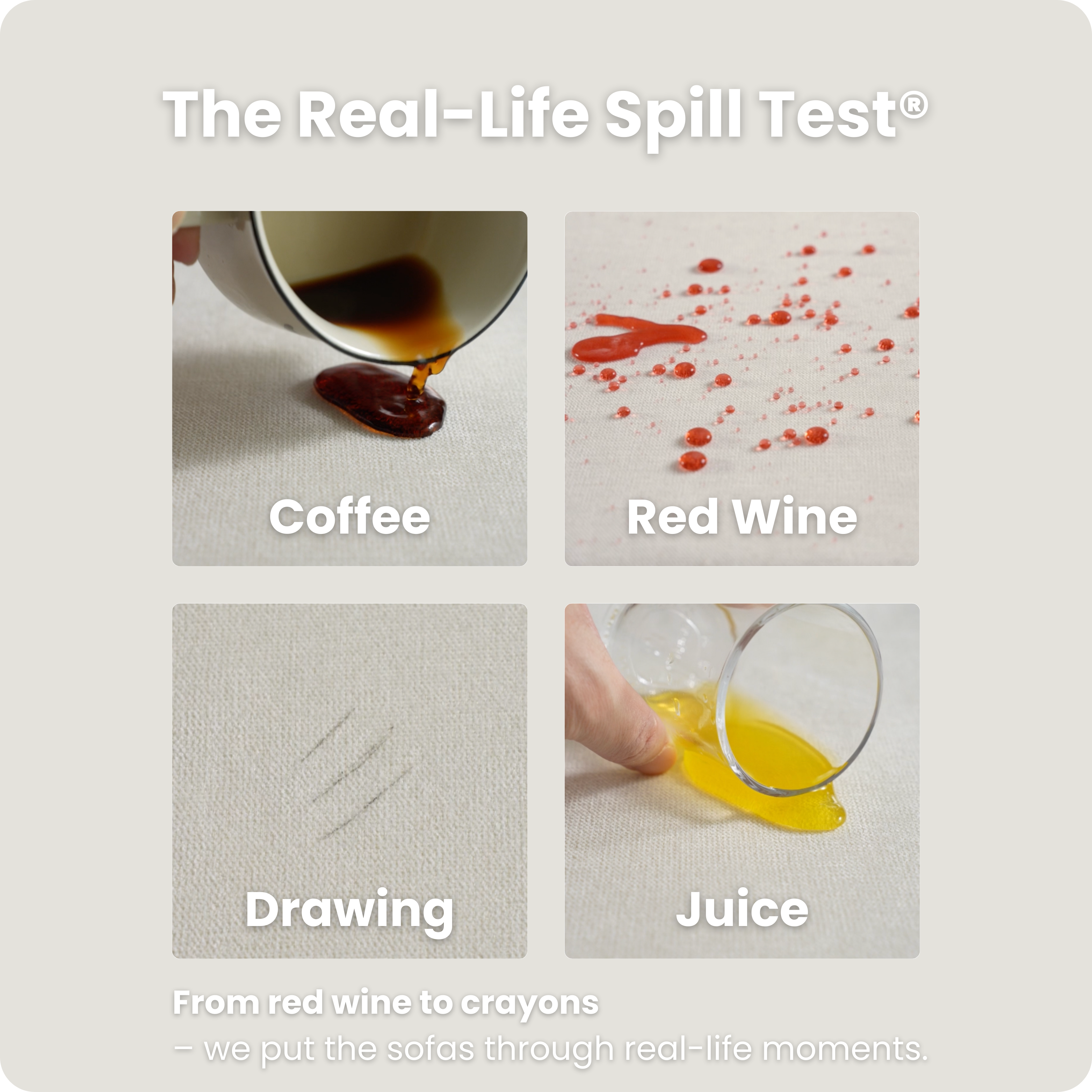 Four images showing spills of coffee, red wine, drawing, and juice on fabric.