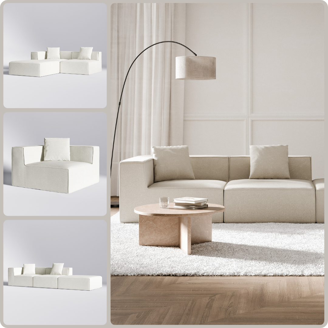 Collage of beige modular sofas and a modern living room setup with a floor lamp and coffee table.