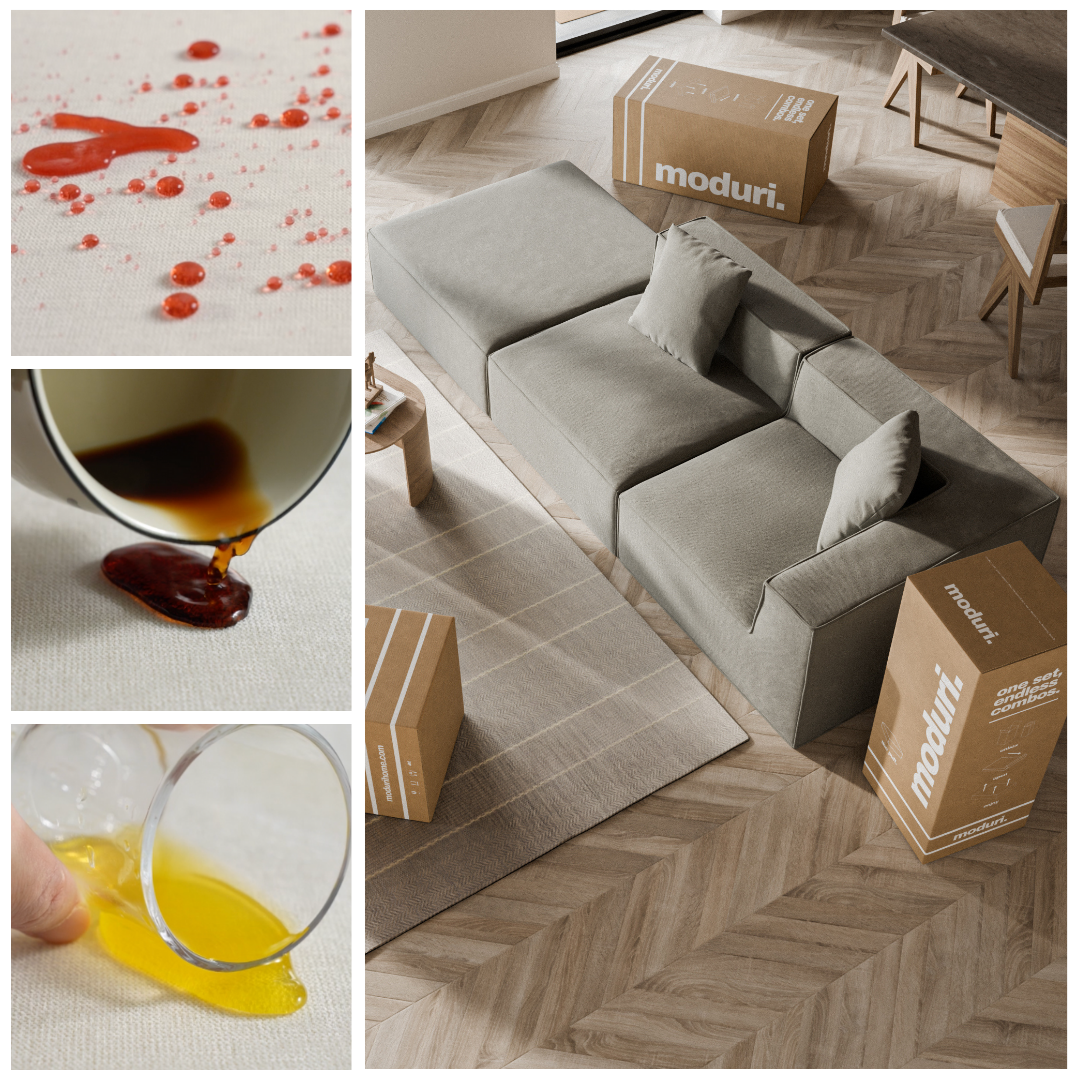 Collage of a sofa, spilled liquids, and cardboard boxes in a modern living room.