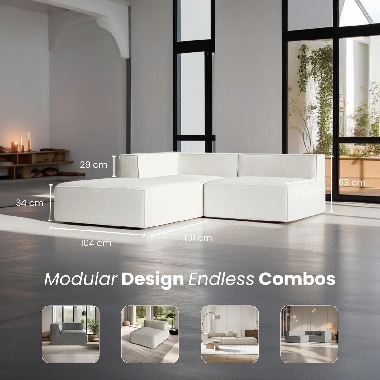 White modular sofa with dimensions, in a modern living room setting.