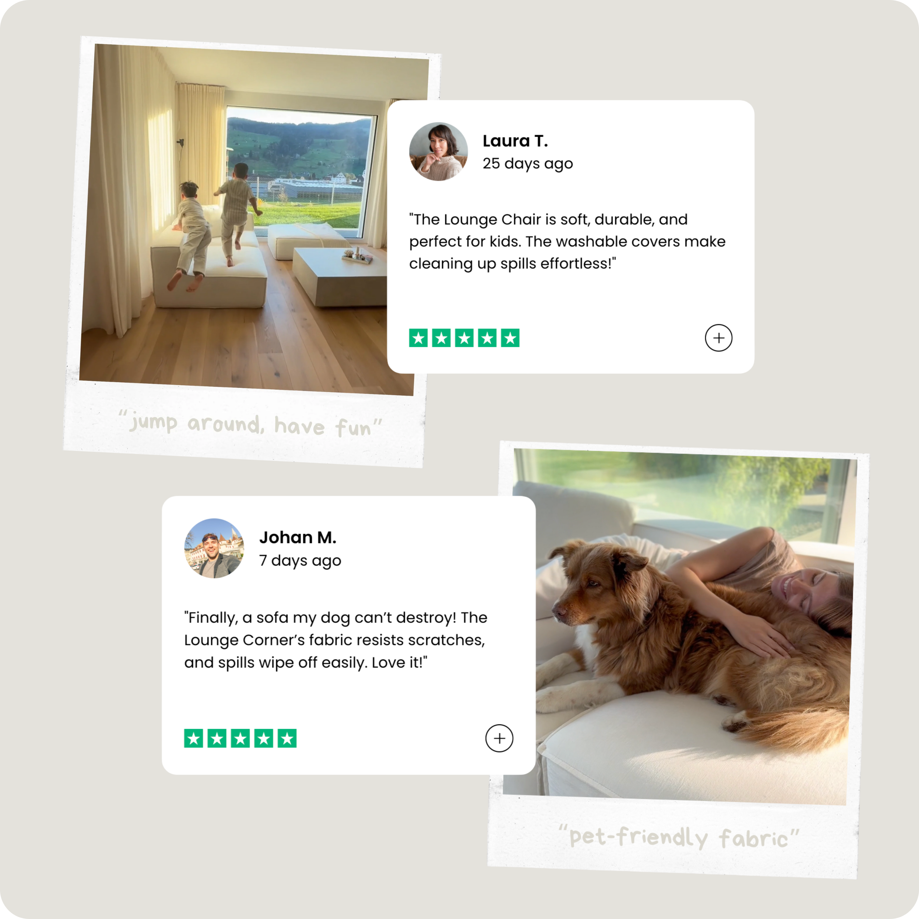Two images with reviews; kids jumping on a sofa and a person with a dog on a sofa.