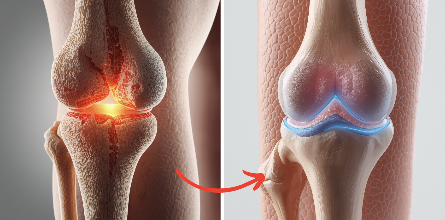 Illustration of a damaged knee joint and a healthy knee joint with an arrow between them.